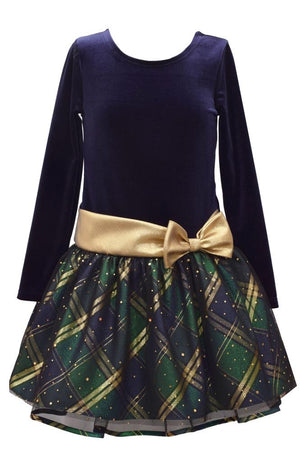 Bonnie Jean Long Sleeve Christmas Dress Navy Velvet and Green Tartan Plaid Skirt - Sz 14