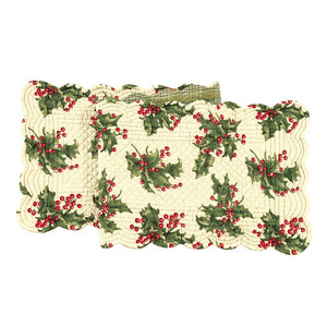 April Cornell Christmas Reversible Cream Holly Quilted Table Runner 14" x 70"