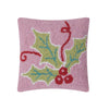 Holly Berries Pink Christmas Hook Wool Throw Pillow 10" Square