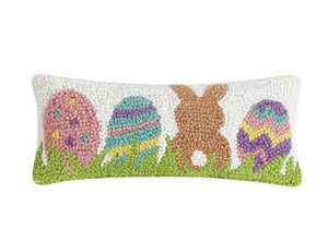 Easter Bunny Rabbit and Eggs Hook Wool Spring Decor Pillow 5" x 12" Size