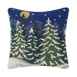 Snowy Night Winter Scene Hooked Wool 16" Christmas Throw Pillow