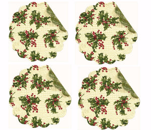 C & F Quilted Products April Cornell Christmas Holly Cream Quilted Round Reversible Placemat-Set of 4