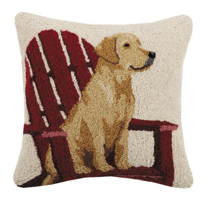 Golden Lab Retriever Dog on Adirondack Lake Chair Wool Hook 16" Pillow