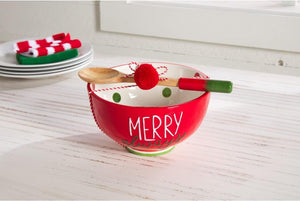 Mud Pie Home MERRY ALWAYS Red Polka Dots Painted Ceramic Christmas Serving Bowl