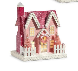 RAZ 8" Pink Hues Christmas Lighted Village Cape Cod House w/Timer