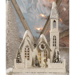 Bethany Lowe 11" White Christmas Village Mantel Church Bottle with Brush Trees