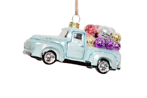 Cody Foster Cody Foster Blue Farmhouse Pickup Truck with Christmas Balls Village Glass Ornament