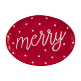 Mud Pie Home MERRY Red Painted Ceramic White Polka Dots Christmas Oval Serving Platter