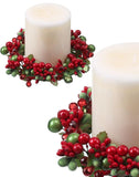 6" Red and Green Pearl Berry and Jewel Pillar and Votive Holder Candle Ring Set of 2