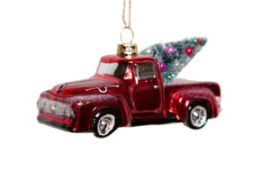 Cody Foster Cody Foster & Co Red Farmhouse Pickup Truck with Christmas Tree Village Glass Ornament