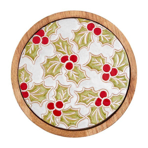 Mud Pie Home Farmhouse Christmas Holly Stoneware and Wood Trivet Hot Plate