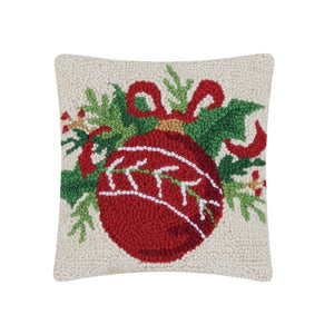 Christmas Ornament on Ivory 10" Sq Hooked Wool Throw Pillow