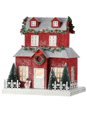 10.5" Red Paper Putz Snowman Christmas Village House with LED Light on Timer