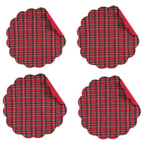 C & F Quilted Products Red Tartan Plaid Reversible Christmas Round Holiday Placemat-Set of 4