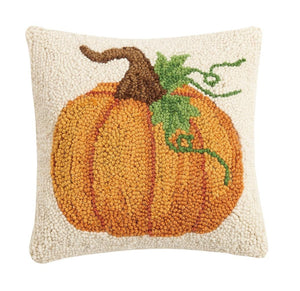 Fall Pumpkin 10" Square Ivory Thanksgiving Hooked Throw Pillow