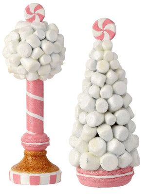 8.5" Marshmallow and Gingerbread Pink Sweet Candy Christmas Tree Topiary Figure Set of 2