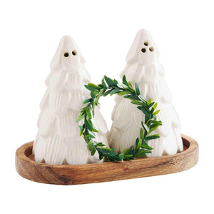 Mud Pie Home White Christmas Tree Salt and Pepper Set on Wood Tray