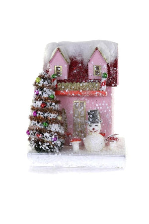 Cody Foster 7" Pink and Red Petite Christmas Village Cottage House with Snowman