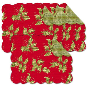 April Cornell Christmas Holly Red Quilted Reversible Placemat Set of 4