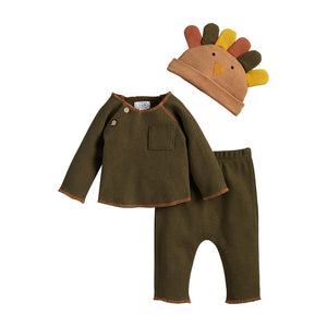 Mud Pie Kids Thanksgiving Olive Green 3 Pc Baby Set Waffle Weave Turkey Knit Hat