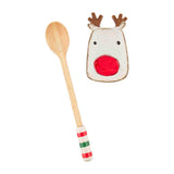 Mud Pie Home Farmhouse Christmas Reindeer Wood Spoon Rest 2 Pc Kitchen Set