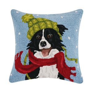 Border Collie with Winter Hat Scarf Hook Wool Throw Pillow 16" Sq