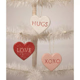 HUGS LOVE XOXO Candy Heart Valentine Day Ornament Set of 3