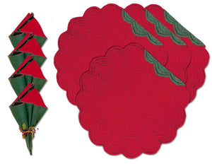 C & F Quilted Products 17" Round Red Green Reversible Christmas Placemats Cloth Napkins Set of 4