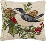 Winter Chickadee Holiday Christmas Bird Hooked Wool Pillow 16" Sq