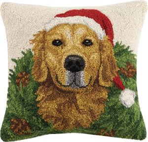 Golden Retriever Dog w/ Christmas Wreath Hooked Wool Decor Pillow 16" Sq