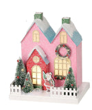 10" Pink Paper Putz Townhouse with Santa Christmas Village House w/LED Light