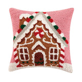 Gingerbread House Pink Christmas 14" Sq Hooked Wool Pillow