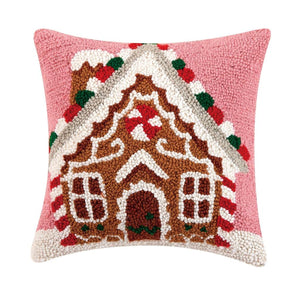 Gingerbread House Pink Christmas 14" Sq Hooked Wool Pillow