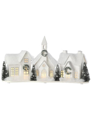 16" Tall Snowy White Paper Putz Christmas Village House and Church Scene