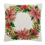 Pink Poinsettia Christmas Wreath Hook Wool Throw Pillow 18" Sq