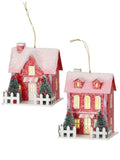 4.5-5.5" Red Pink Sweet Candy Paper Putz Christmas Village House Ornament Set of 2