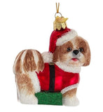 Kurt Adler Noble Gems Glass Brown Shih-Tzu Dog Christmas Ornament with Santa Hat Suit