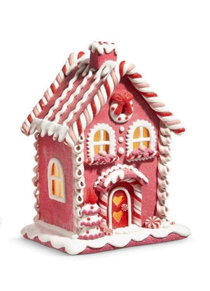 RAZ 9" Tall Pink Gingerbread Christmas House w/ Wreath Candy Accents