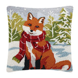 Fox with Scarf Winter Scene Hook Wool Throw Pillow 18" Square