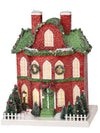 13" Red Green Light Trimmed Paper Putz Christmas Village House with Snowman