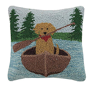 Golden Lab Dog Lake Canoeing 16" Sq Wool Hook Decor Pillow