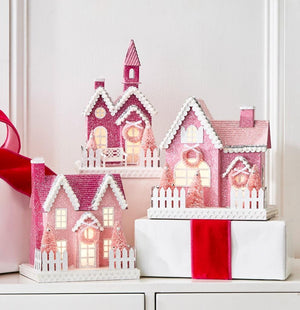 RAZ 9.25" Pink Hues Christmas Lighted Village Church House w/Timer