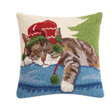 Holiday Napping Brown Tabby Cat 16" Sq Hooked Wool Christmas Pillow