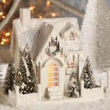 Bethany Lowe White Snowy Christmas Village 9" Putz House with Wreath and Bottle Brush Trees