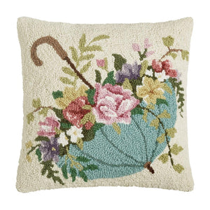 Spring Parasol Umbrella Flowers Cottage Home Hook Wool PIllow 16" Sq