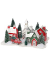 14" Red Green 3 House Church Christmas Village Scene w/LED Light