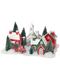 14" Red Green 3 House Church Christmas Village Scene w/LED Light