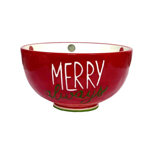 Mud Pie Home MERRY ALWAYS Red Polka Dots Painted Ceramic Christmas Serving Bowl