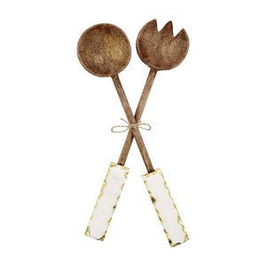 Mud Pie Home White Marble Salad Serving Spoon Fork Serving Utensil Set w/ Gold Accents