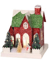 7.5" Red Green Glitter Paper Putz Christmas Village House with Snowman